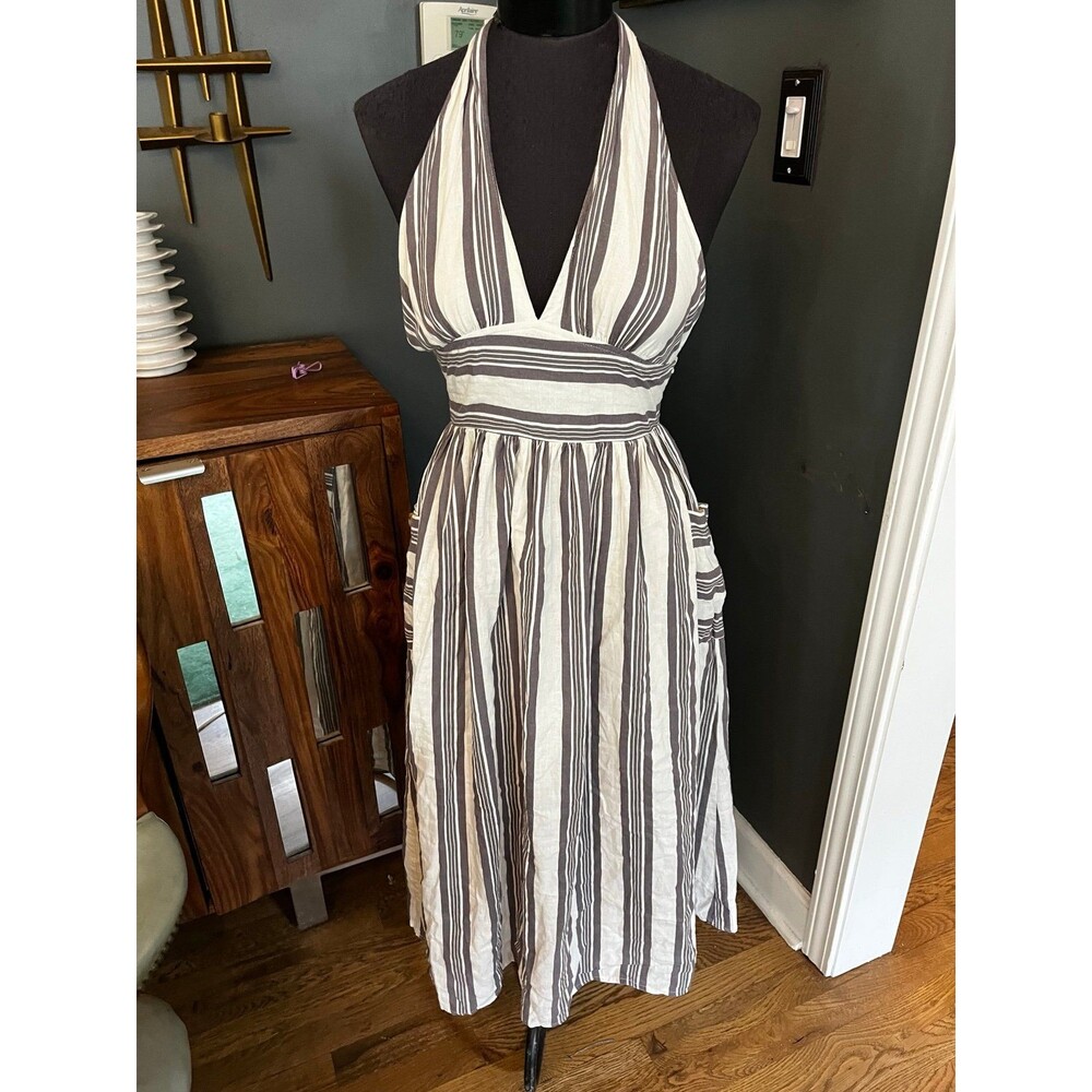 Urban Outfitters Halter Dress Midi Pockets Cotton Gray White Coquette Striped XS